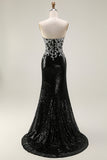 Vestido largo de fiesta sin tirantes con corsé de lentejuelas sirena plateada brillante