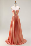 Vestido largo de fiesta con corsé de línea A en naranja metálico con cuentas y cordones en la espalda