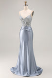 Vestido largo de fiesta con corsé de sirena gris y azul con cuentas y apliques