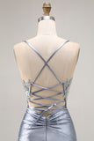 Vestido largo de fiesta con corsé de sirena gris y azul con cuentas y apliques