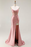 Vestido largo de fiesta con cuentas de sirena con corsé aplicado en color rubor Sweetheart con abertura