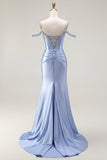 Vestido largo de fiesta con corsé convertible de hombros descubiertos de sirena azul con mangas de capa