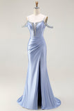 Vestido largo de fiesta con corsé convertible de hombros descubiertos de sirena azul con mangas de capa
