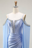 Vestido largo de fiesta con corsé convertible de hombros descubiertos de sirena azul con mangas de capa
