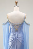 Vestido largo de fiesta con corsé convertible de hombros descubiertos de sirena azul con mangas de capa