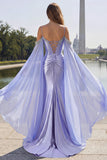 Vestido largo de fiesta con corsé convertible de hombros descubiertos de sirena lila con mangas de capa