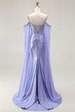 Vestido largo de fiesta con corsé convertible de hombros descubiertos de sirena lila con mangas de capa