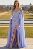 Vestido largo de fiesta con corsé convertible de hombros descubiertos de sirena lila con mangas de capa