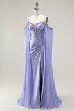 Vestido largo de fiesta con corsé convertible de hombros descubiertos de sirena lila con mangas de capa