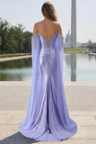 Vestido largo de fiesta con corsé convertible de hombros descubiertos de sirena lila con mangas de capa