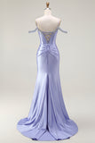 Vestido largo de fiesta con corsé convertible de hombros descubiertos de sirena lila con mangas de capa
