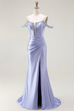 Vestido largo de fiesta con corsé convertible de hombros descubiertos de sirena lila con mangas de capa