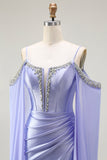 Vestido largo de fiesta con corsé convertible de hombros descubiertos de sirena lila con mangas de capa