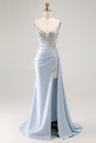 Vestido largo de fiesta con corsé de sirena azul claro con abertura