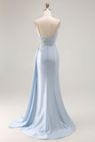 Vestido largo de fiesta con corsé de sirena azul claro con abertura