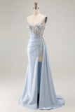 Vestido largo de fiesta con corsé de sirena azul claro con abertura