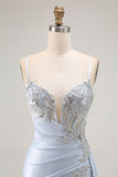 Vestido largo de fiesta con corsé de sirena azul claro con abertura