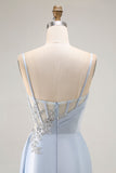 Vestido largo de fiesta con corsé de sirena azul claro con abertura