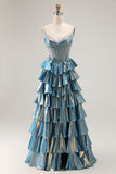 Vestido de Graduación Largo con Corsé Metálico Azul con Capas y Cuentas