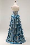 Vestido de Graduación Largo con Corsé Metálico Azul con Capas y Cuentas
