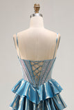 Vestido de Graduación Largo con Corsé Metálico Azul con Capas y Cuentas