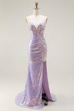 Vestido largo de fiesta con lentejuelas de sirena brillante lila con apliques florales y abertura