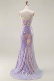 Vestido largo de fiesta con lentejuelas de sirena brillante lila con apliques florales y abertura