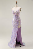 Vestido largo de fiesta con lentejuelas de sirena brillante lila con apliques florales y abertura
