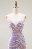 Vestido largo de fiesta con lentejuelas de sirena brillante lila con apliques florales y abertura