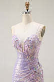 Vestido largo de fiesta con lentejuelas de sirena brillante lila con apliques florales y abertura