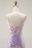 Vestido largo de fiesta con lentejuelas de sirena brillante lila con apliques florales y abertura