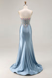 Vestido largo de fiesta con corsé aplicado de sirena gris azul con abertura