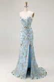 Vestido largo de fiesta con cordones en la espalda con cordones y lentejuelas azul lago sirena con abertura