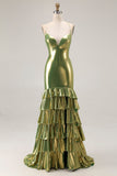 Vestido largo de fiesta con lazo en la espalda de sirena metálico dorado con abertura