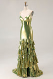 Vestido largo de fiesta con lazo en la espalda de sirena metálico dorado con abertura