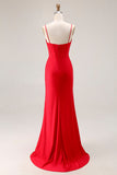Vestido largo de fiesta de satén fruncido con tirantes de sirena roja