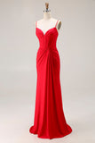 Vestido largo de fiesta de satén fruncido con tirantes de sirena roja