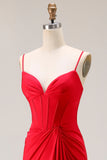 Vestido largo de fiesta de satén fruncido con tirantes de sirena roja