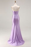 Vestido largo de fiesta plisado con corsé de sirena morado sin tirantes con abertura