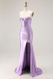 Vestido largo de fiesta plisado con corsé de sirena morado sin tirantes con abertura