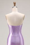 Vestido largo de fiesta plisado con corsé de sirena morado sin tirantes con abertura