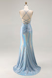 Vestido largo de fiesta con cordones en la espalda de sirena metálico azul claro con abertura