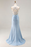 Vestido largo de fiesta con cordones en la espalda de sirena fruncida azul claro con abertura