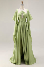 Vestido largo de parche largo de corsé de satén A en verde salvia con mangas cortas