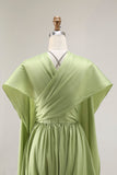 Vestido largo de parche largo de corsé de satén A en verde salvia con mangas cortas