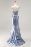 Vestido largo de fiesta plisado con cuentas de sirena azul gris y azul con abertura