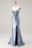 Vestido largo de fiesta plisado con cuentas de sirena azul gris y azul con abertura
