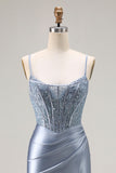 Vestido largo de fiesta plisado con cuentas de sirena azul gris y azul con abertura