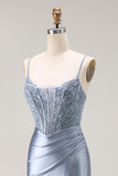 Vestido largo de fiesta plisado con cuentas de sirena azul gris y azul con abertura