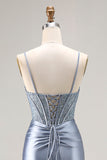Vestido largo de fiesta plisado con cuentas de sirena azul gris y azul con abertura